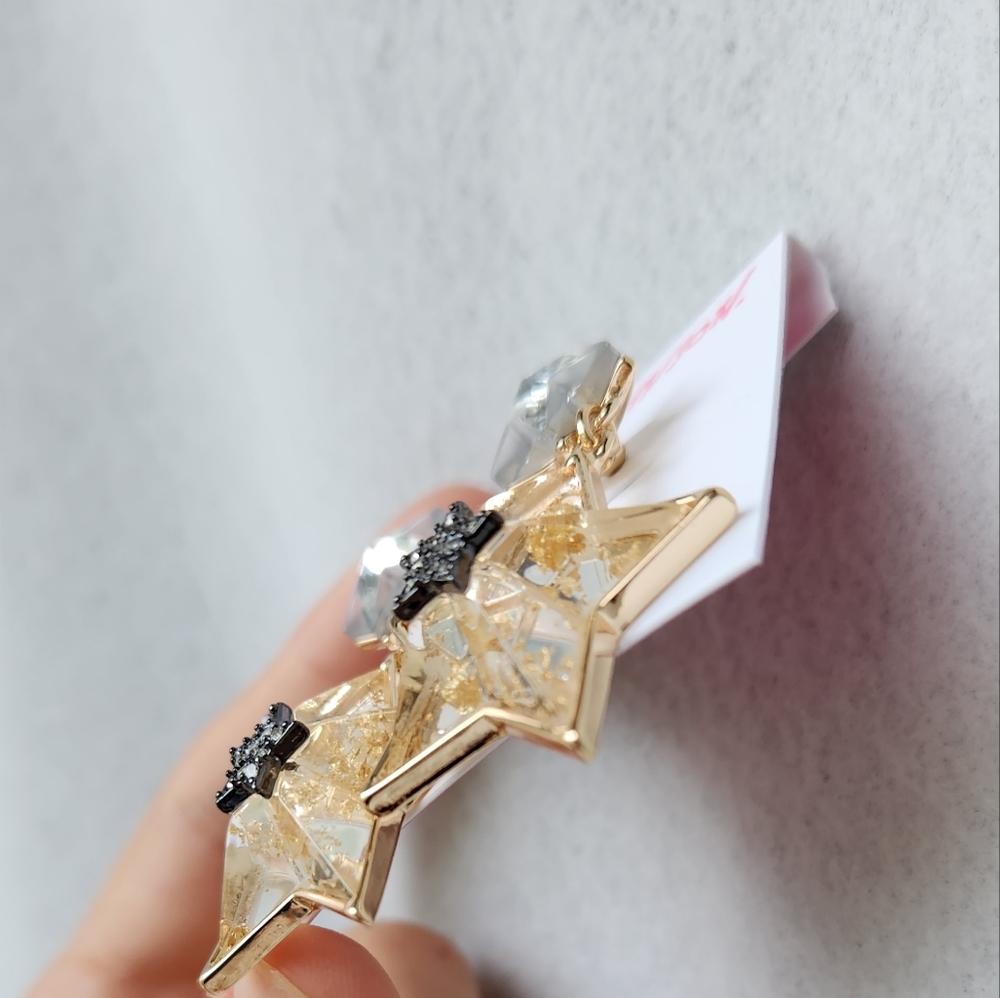 NWT Betsey Johnson Celestial Double Star Drop Earrings, Silver/Gold, Lightweight - Picture 7 of 10